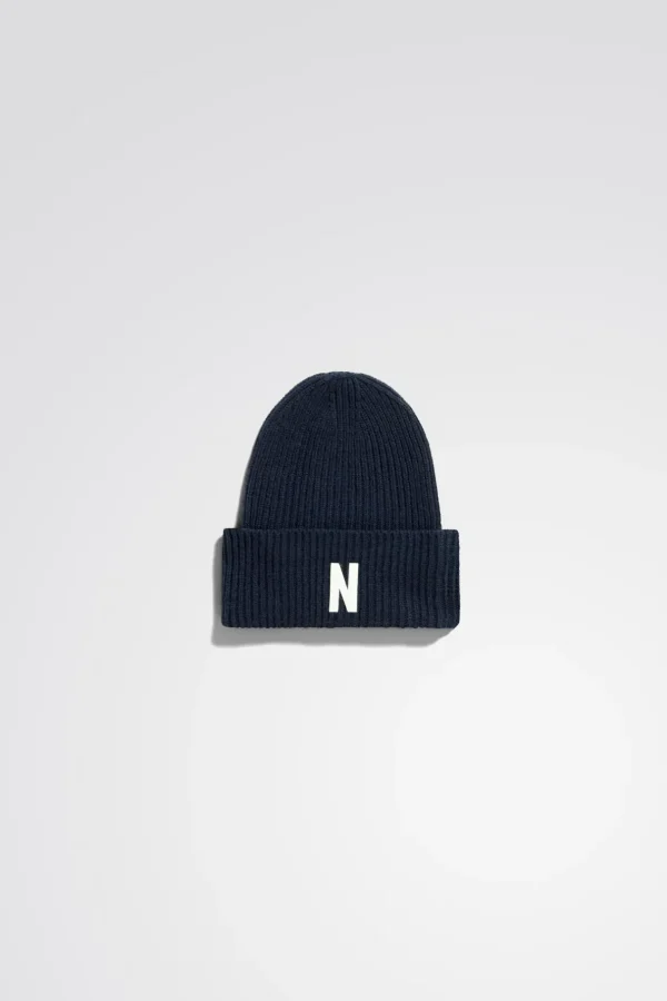 Norse Projects BEANIES^Merino Lambswool Rib N Logo Beanie Dark Navy
