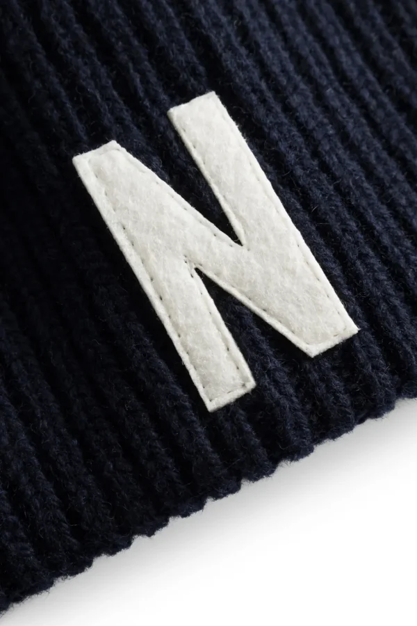 Norse Projects BEANIES^Merino Lambswool Rib N Logo Beanie Dark Navy