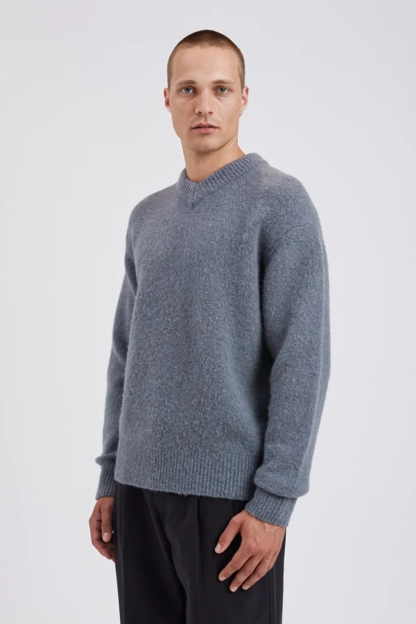 Norse Projects KNITWEAR^Rasmus Relaxed Brushed V-Neck Sweater Mouse Grey