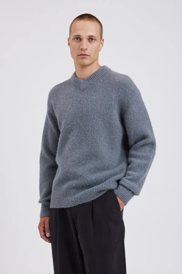 Norse Projects KNITWEAR^Rasmus Relaxed Brushed V-Neck Sweater Mouse Grey